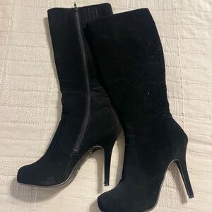 Madeline Rhinestone Black Knee-High Zippered Boots